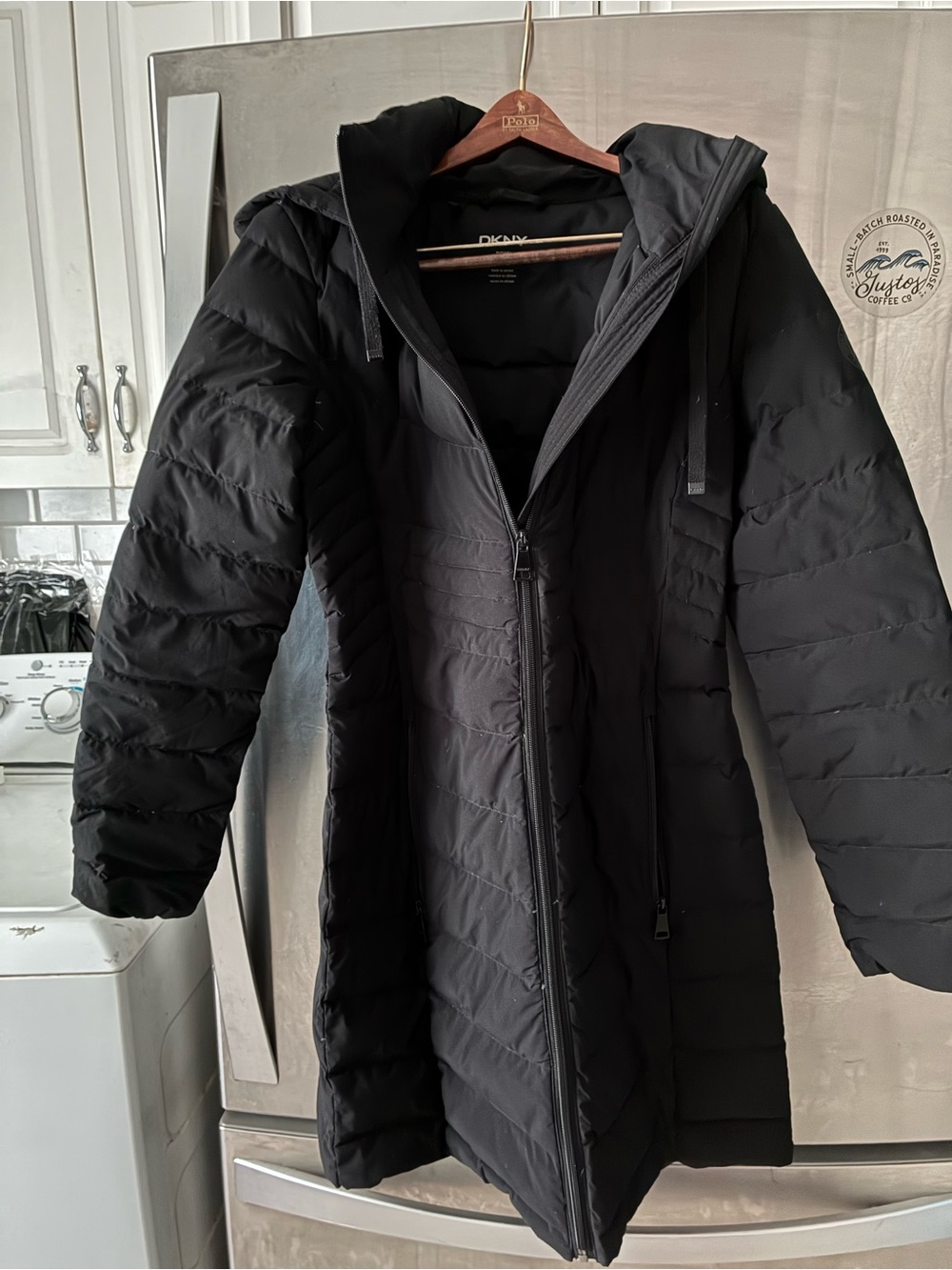 DKNY Black Hooded Quilted Long Puffer Jacket